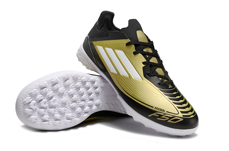 Chuteira Society Adidas F50 Messi TF Preto e Dourado "Triunfo Dorado Pack"