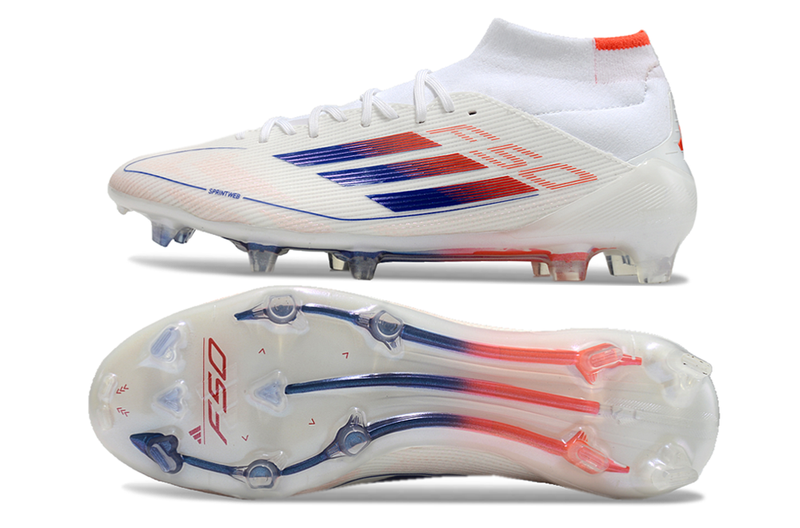 Botes de futbol Adidas F50 Mid Top FG blanc, blau i taronja "Advancement Pack" 