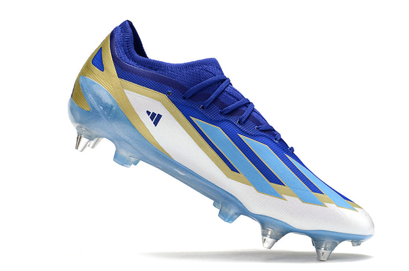 Bota de futbol Adidas X Crazyfast Messi.1 amb punta d'alumini blau, blanc i daurat "Spark Gen10s"