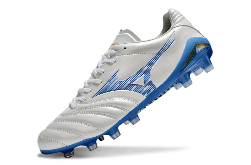 Chuteira Campo Mizuno Morelia Neo 4 Beta FG Branca e Azul "Mugen Pack"