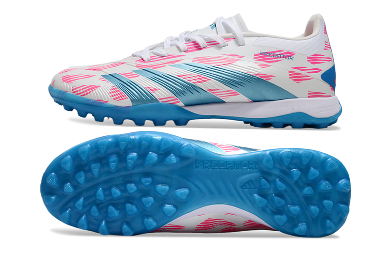 Chuteira Society Adidas Predator Elite TF Branca, Rosa e Azul "Re-Emergence Pack"