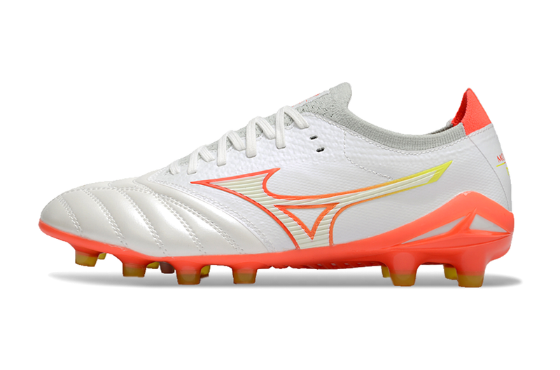 Chuteira Campo Mizuno Morelia Neo 4 Beta FG Branca e Laranja