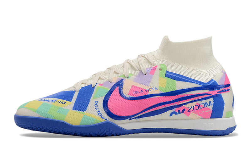 Chuteira Futsal Nike Air Zoom Mercurial Superfly 9 Elite IC Branca, Azul e Rosa "SoCal Pack"