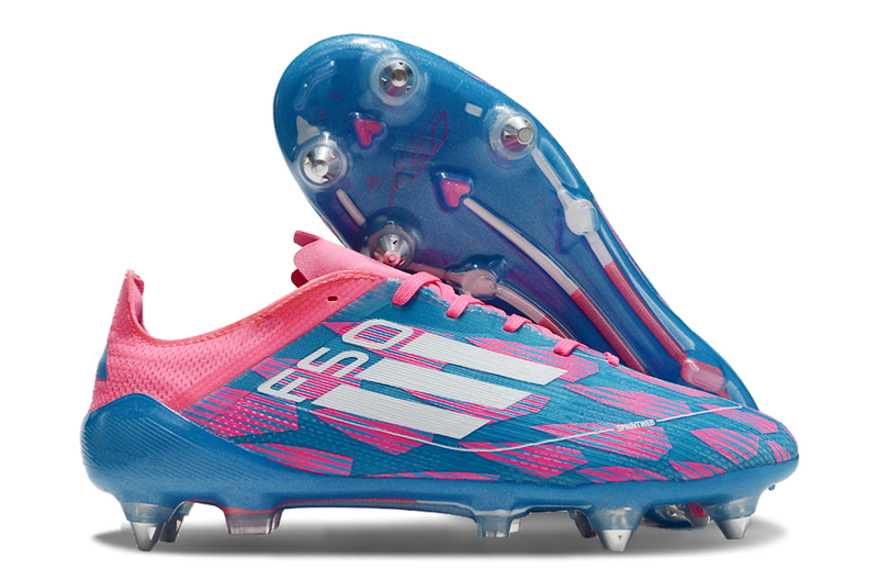 Chuteira Campo Adidas F50 Ponta de Aluminio Rosa, Azul e Branca "Reemergence Pack"