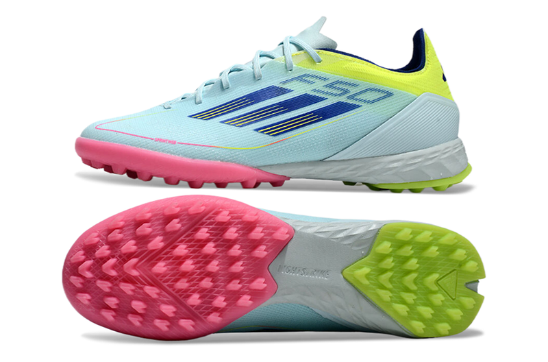 Chuteira Society Adidas F50 TF Azul, Rosa e Amarelo "Olympic Boot Pack"