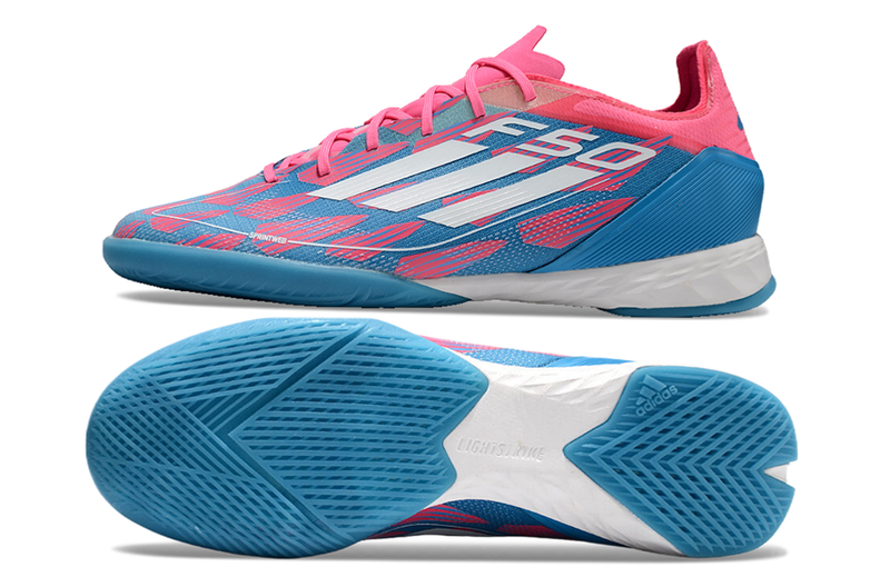 Chuteira Futsal Adidas F50 IC Rosa, Azul e Branca "Re-Emergence Pack"