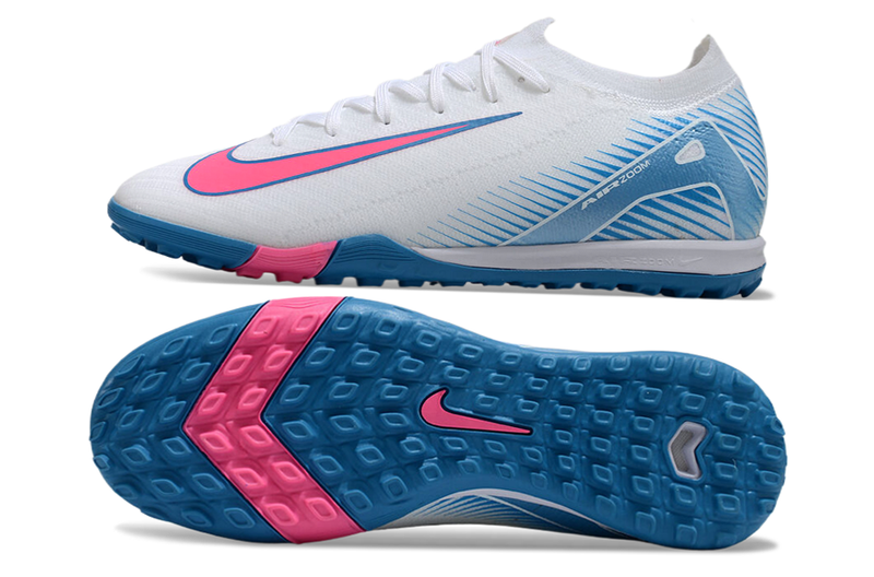 Chuteira Society Nike Air Zoom Mercurial Vapor 16 Elite TF Branca, Azul e Rosa