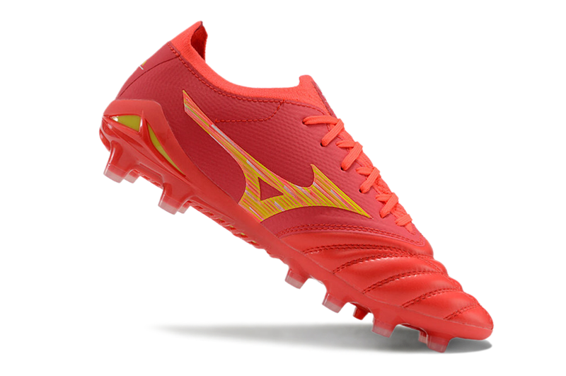 Chuteira Campo Mizuno Morelia Neo 4 Beta FG Vermelha e Dourada "Release Pack"