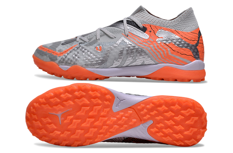 Chuteira Society Puma Future 7 TF Cinza e Laranja