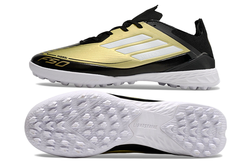 Chuteira Society Adidas F50 Messi TF Preto e Dourado "Triunfo Dorado Pack"