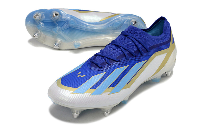 Bota de futbol Adidas X Crazyfast Messi.1 amb punta d'alumini blau, blanc i daurat "Spark Gen10s"