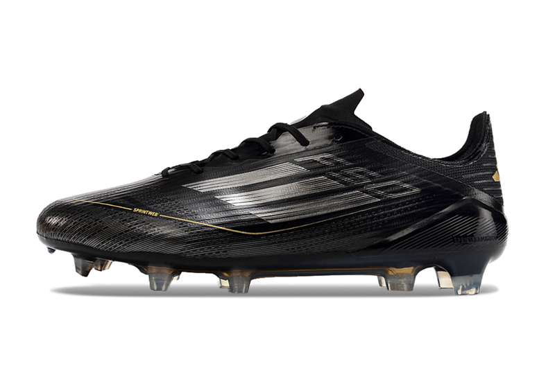 Chuteira Campo Adidas F50 FG Preta, Branca e Dourada "Dark Spark Pack"