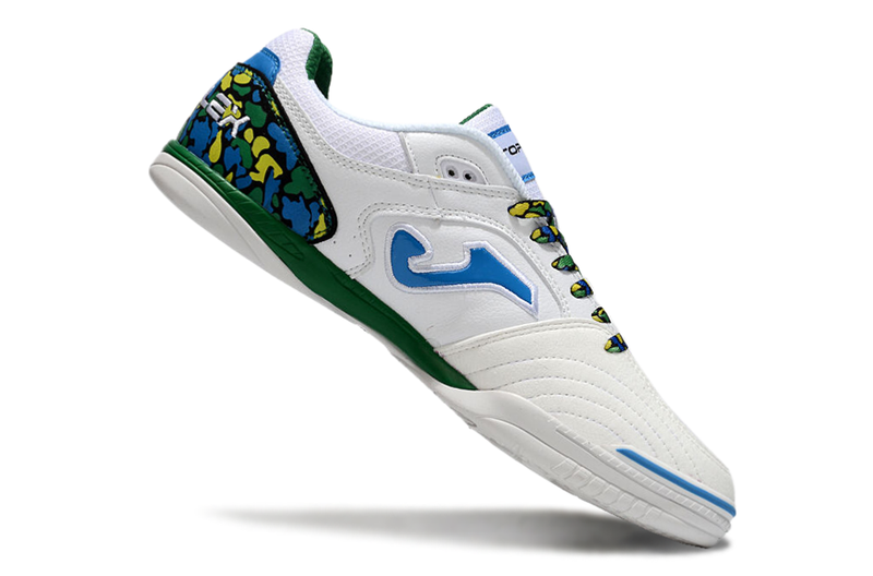 Chuteira Futsal Joma Top Flex Rebound IC Branca, Azul, Verde e Amarelo