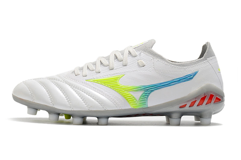 Chuteira Campo Mizuno Morelia Neo 3 FG Branca, Azul e Verde