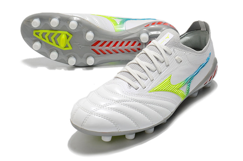 Chuteira Campo Mizuno Morelia Neo 3 FG Branca, Azul e Verde