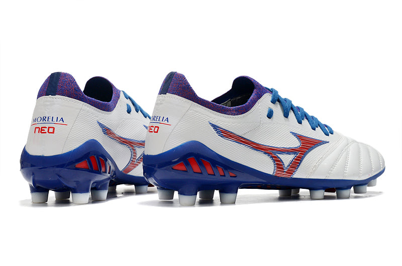 Chuteira Campo Mizuno Morelia Neo 3 FG Branca, Azul e Vermelha