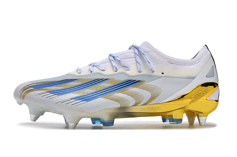 Bota de futbol Adidas X CrazyFast Messi.1 Aluminum Toe Blanc, Blau i Daurat "Las Estrelles"