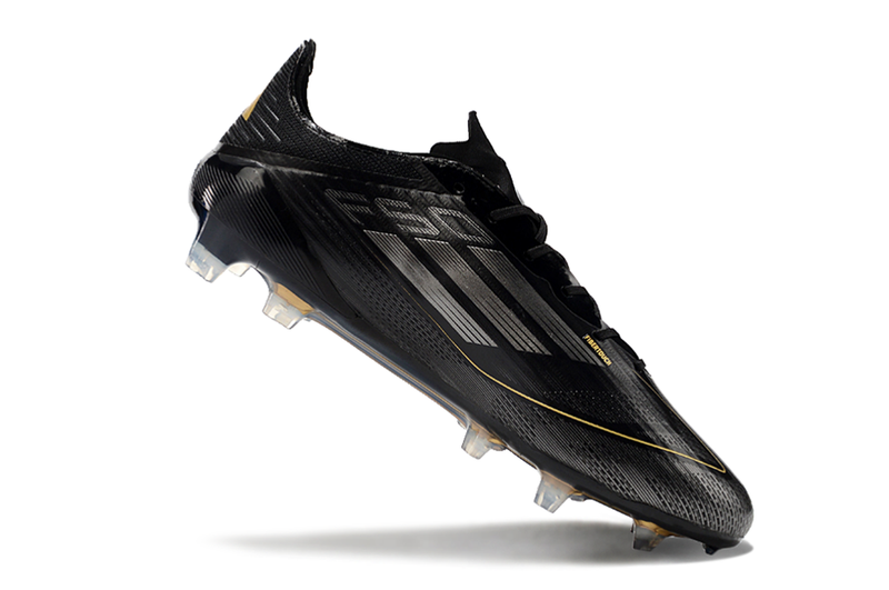 Chuteira Campo Adidas F50 FG Preta, Branca e Dourada "Dark Spark Pack"