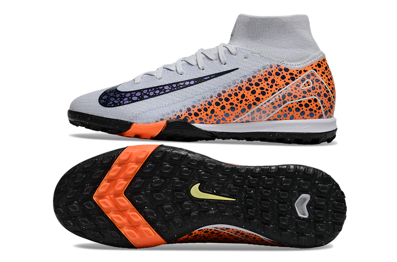 Chuteira Society Nike Air Zoom Mercurial Superfly 10 Elite TF Branca, Laranja e Preto "Eletric Pack"