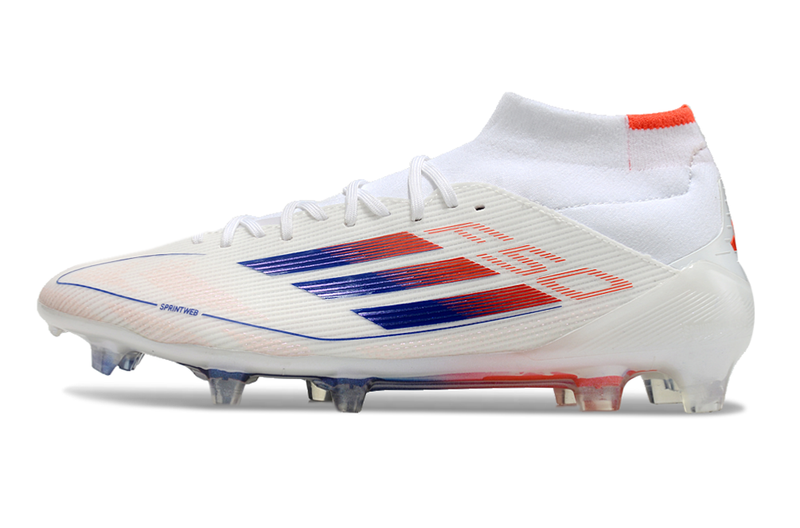 Chuteira Campo Adidas F50 Cano Médio FG Branca, Azul e Laranja "Advancement Pack"