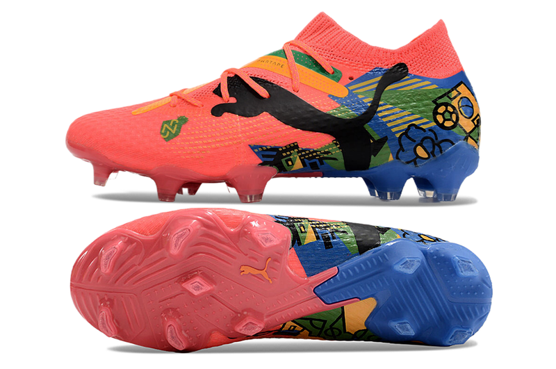 Chuteira Campo Puma Future 7 FG Rosa, Azul, Verde e Amarelo "Brazil Pack"