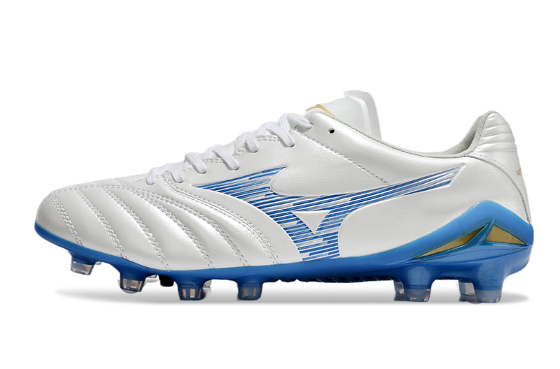 Chuteira Campo Mizuno Morelia Neo 4 Beta FG Branca e Azul "Mugen Pack"