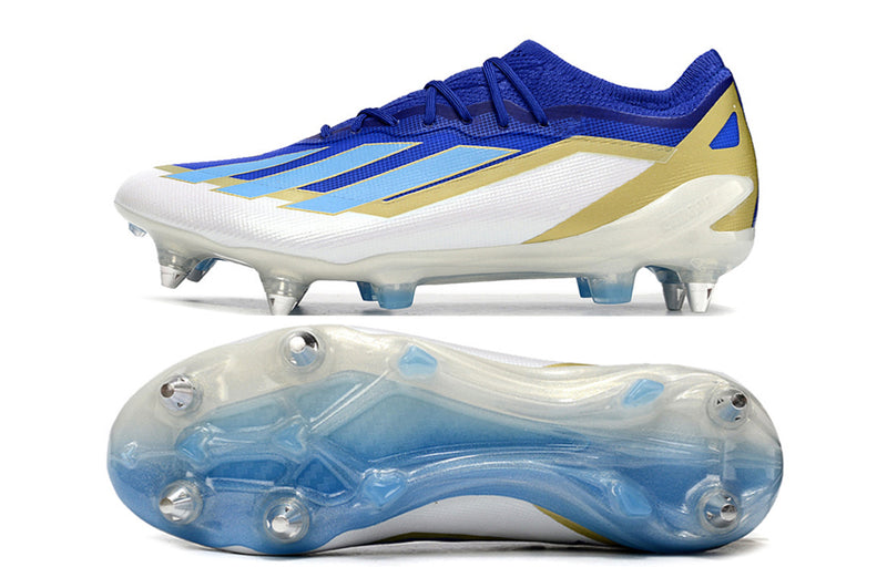 Bota de futbol Adidas X Crazyfast Messi.1 amb punta d'alumini blau, blanc i daurat "Spark Gen10s"