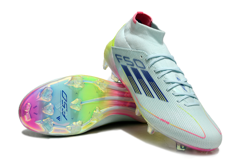 Chuteira Campo Adidas F50 Cano Médio FG Azul, Rosa e Amarelo "Olympic Boot Pack"