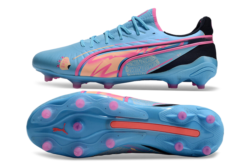 Chuteira Campo Puma King Ultimate FG Azul e Rosa "Volume Up Pack"