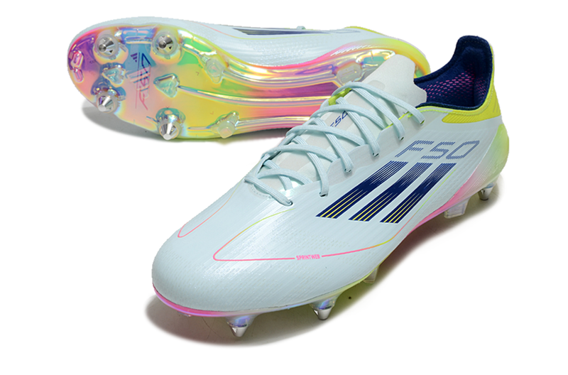 Chuteira Campo Adidas F50 Ponta de Aluminio Azul, Rosa e Amarelo "Olympic Boot Pack"