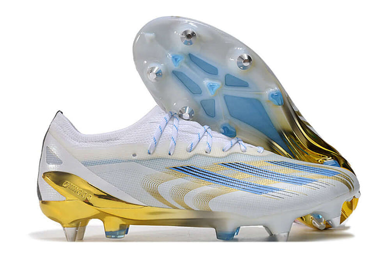 Bota de futbol Adidas X CrazyFast Messi.1 Aluminum Toe Blanc, Blau i Daurat "Las Estrelles"