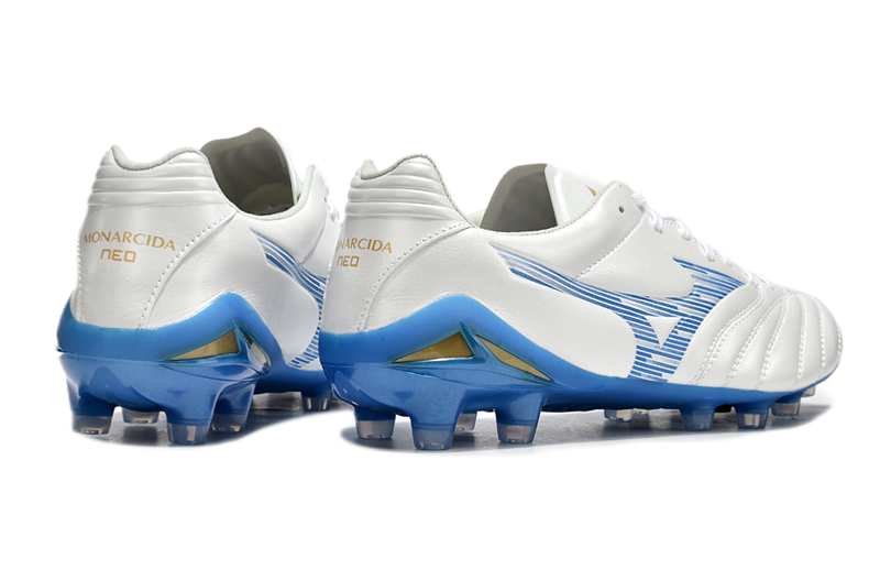 Chuteira Campo Mizuno Morelia Neo 4 Beta FG Branca e Azul "Mugen Pack"