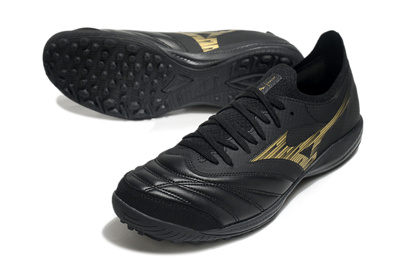 Chuteira Society Mizuno Morelia Neo Sala TF Preta e Dourada "Aurum Pack"