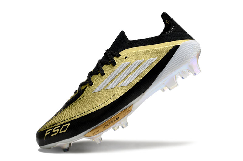 Chuteira Campo Adidas F50+ FG Messi Dourada e Preto "Triunfo Dorado Pack"