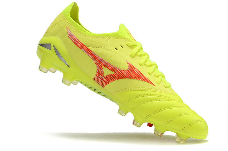 Chuteira Campo Mizuno Morelia Neo 4 Beta FG Amarelo e Vermelho "Dyna Pack'