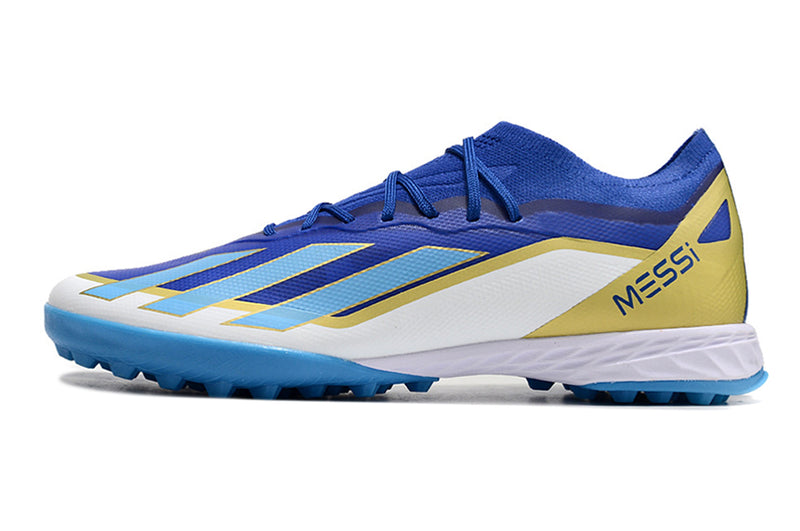 Botes de futbol de la Societat Adidas X Crazrfast Messi .1 TF Blau, Blanc i Or "Spark Gen10s"