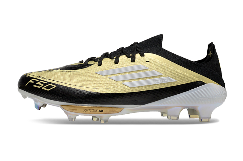 Botes de futbol Adidas F50+ FG Messi daurades i negres "Triunfo Dorado Pack" 