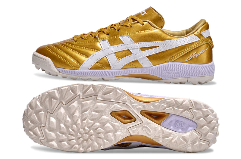 Chuteira Society Asics Japan TF Dourada e Branco