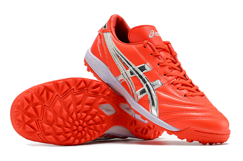 Chuteira Society Asics Japan TF Vermelha e Prata