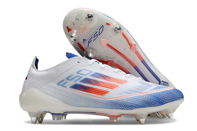 Bota de futbol Adidas F50 Aluminum Toe Blanc, Blau i Vermell "Advancement Pack" 