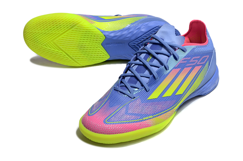 Chuteira Futsal Adidas F50 IC Azul, Verde e Rosa "Celestial Victory"