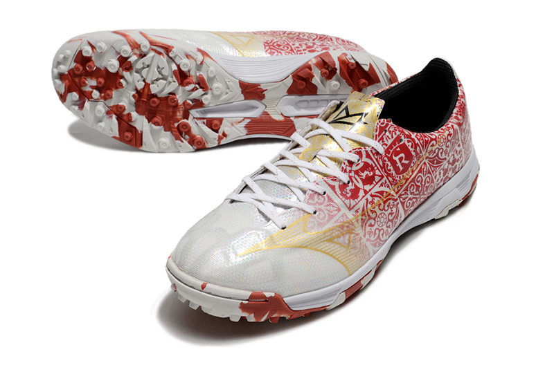 Bota de futbol Mizuno Alpha TF Society en blanc, vermell i daurat "Paquet de signatures" 