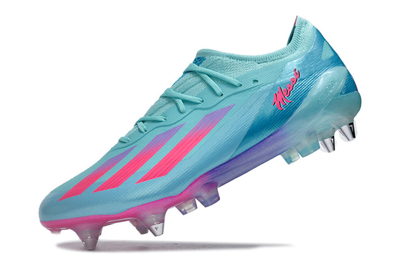 Bota de futbol Adidas X Crazyfast Messi.1 amb punta d'alumini blau i rosa "Miami Vice"