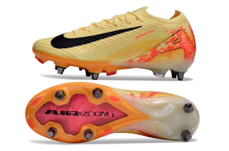 Chuteira Campo Nike Air Zoom Mercurial Vapor 16 Elite Trava Mista Amarelo e Laranja "Mbappé"