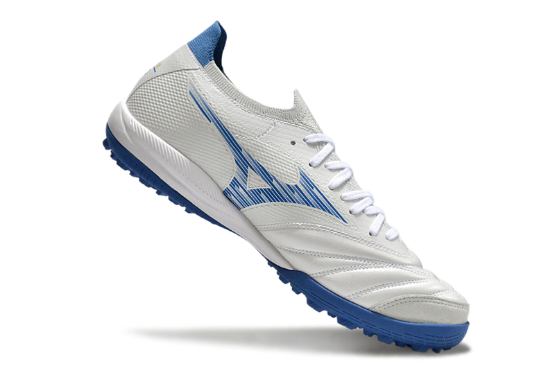 Chuteira Society Mizuno Morelia Neo Sala TF Branca e Azul "Mugen Pack"