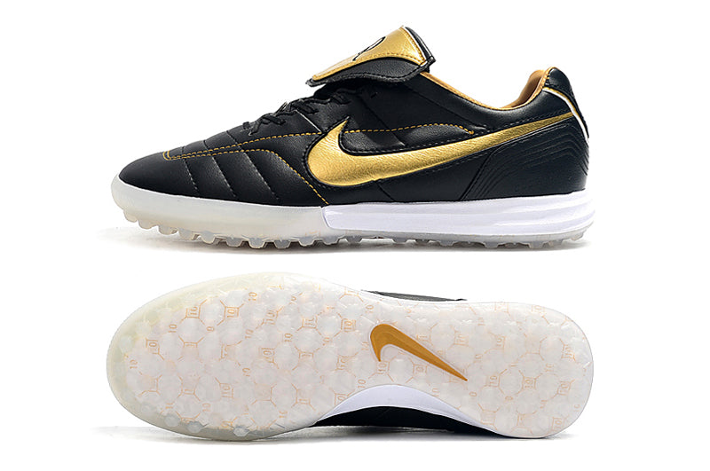 Chuteira Society Nike Retrô Tiempo Legend 7 Elite TF Preto e Dourado R10