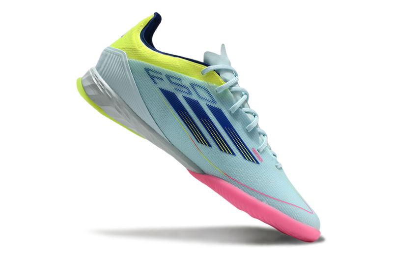 Chuteira Futsal Adidas F50 IC Azul, Rosa e Amarelo "Re-Emergence Pack"