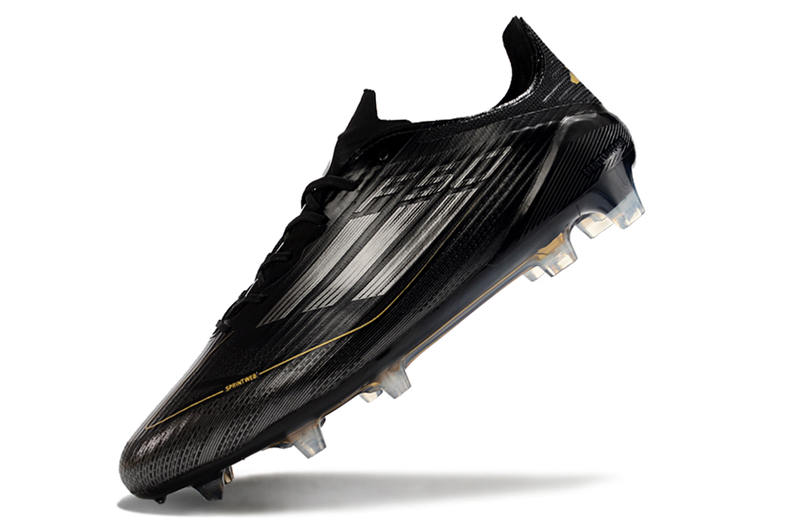 Chuteira Campo Adidas F50 FG Preta, Branca e Dourada "Dark Spark Pack"