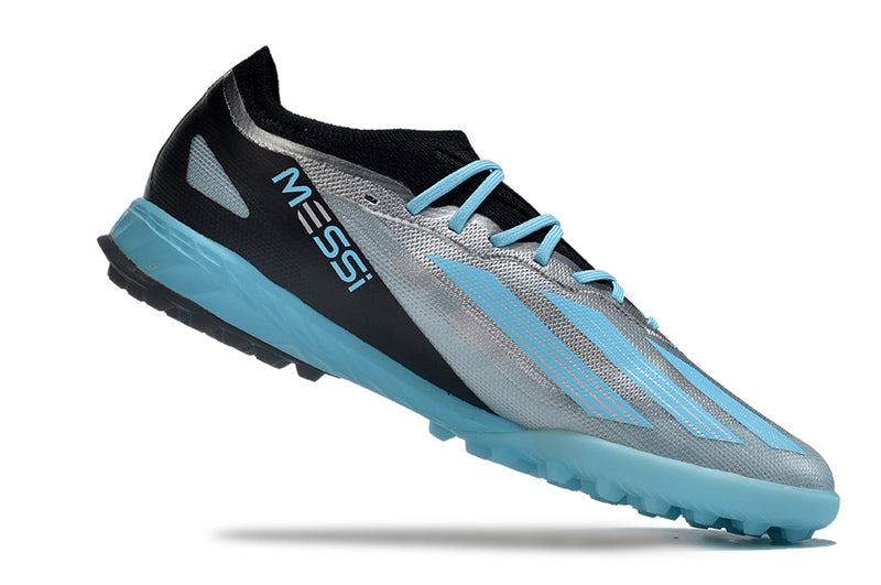 Chuteira Society Adidas X Crazyfast Messi.1 TF Prata e Azul "Infinito"