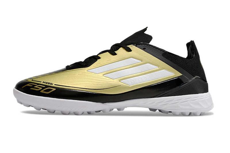 Chuteira Society Adidas F50 Messi TF Preto e Dourado "Triunfo Dorado Pack"